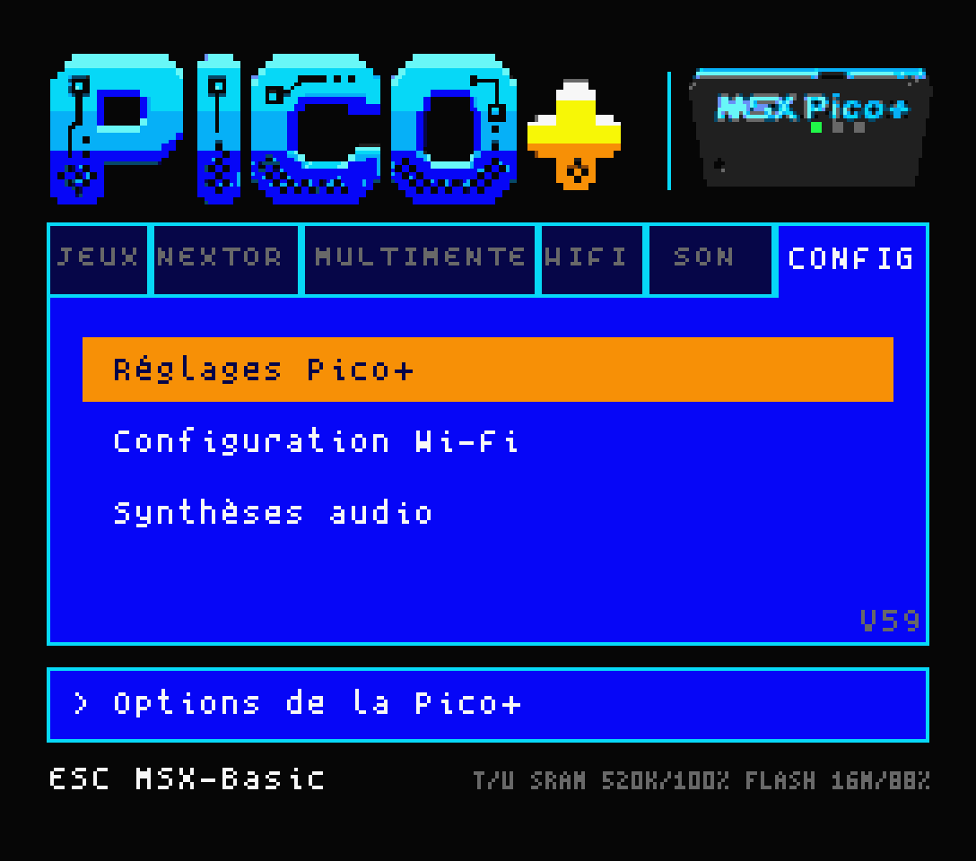 Menu CONFIG de la PICO+ V59, avec les six onglets et les réglages de la cartouche.