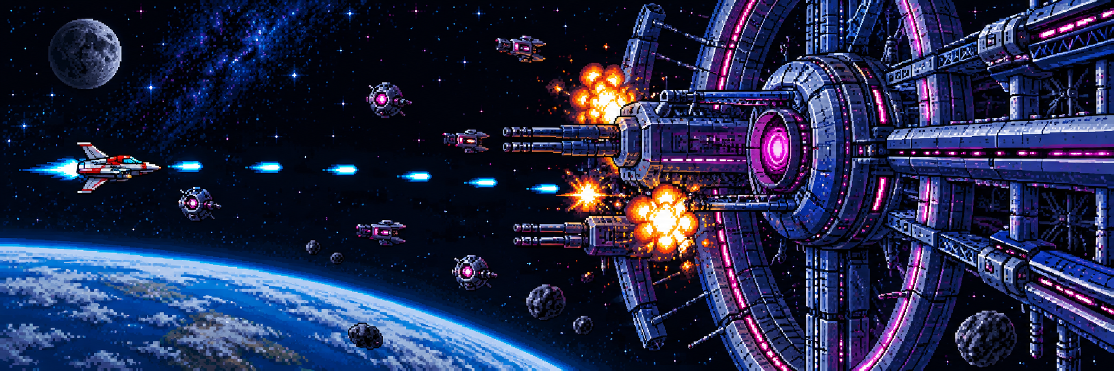 Illustration pixel art originale : un vaisseau face à une station spatiale, hommage aux shoot'em up des années 90