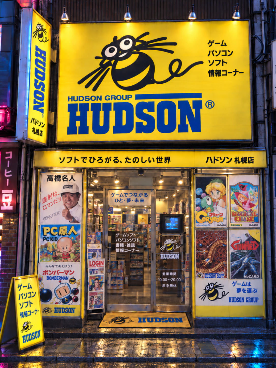 Illustration d'une boutique Hudson Soft de nuit, avec une grande enseigne jaune et des jeux PC Engine en vitrine